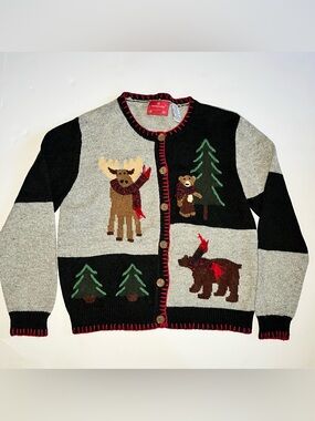 Vintage Holiday Lodge Christmas Patchwork Wildlife Sweater Cardigan Moose-Bear